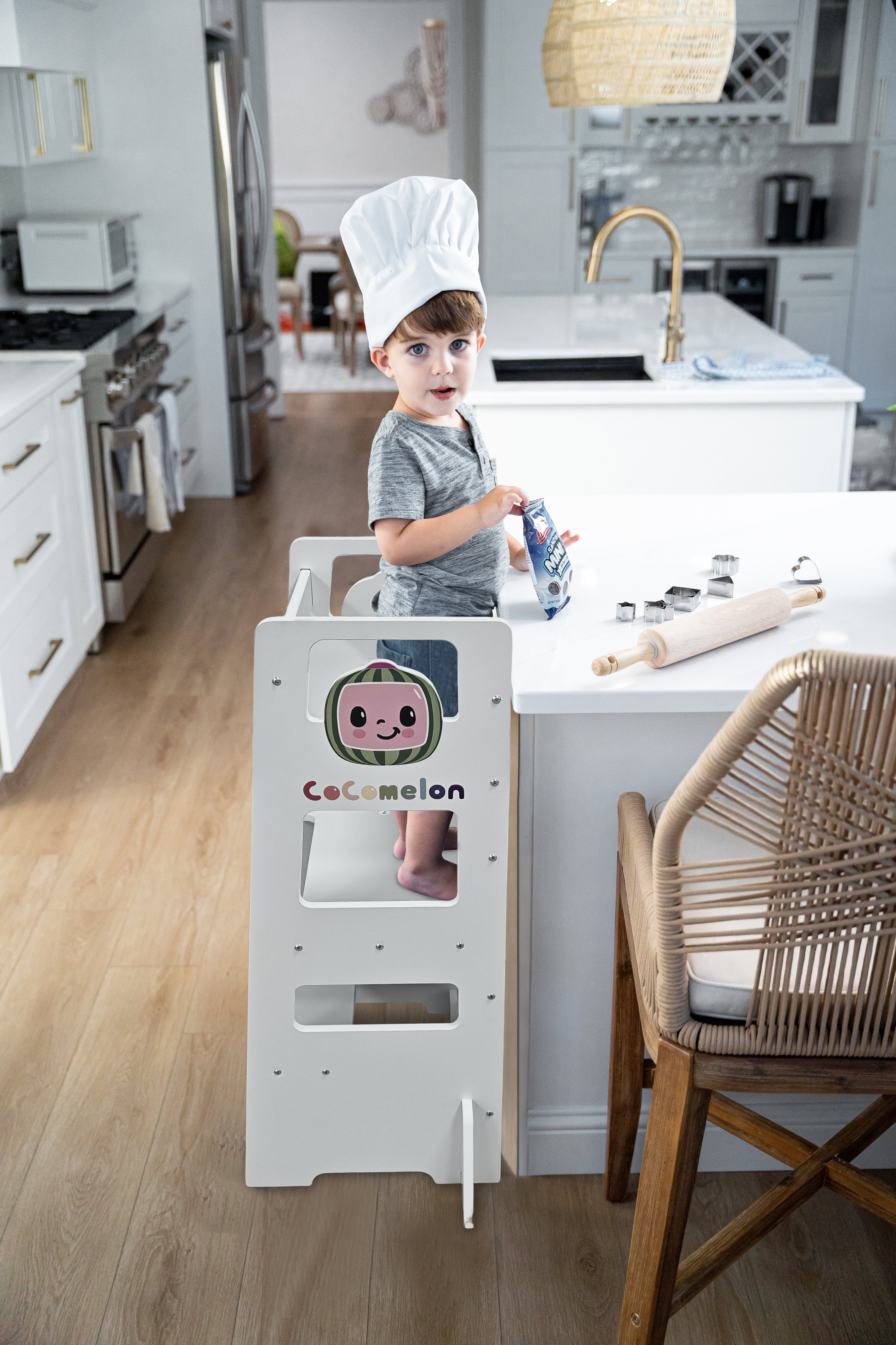 Date CocoMelon 3-in-1 Kitchen Tower for Kids – Step Stool & Chalkboard Learning Helper