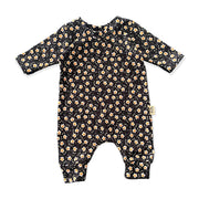 Dainty Floral Black Ribbed Harem Romper