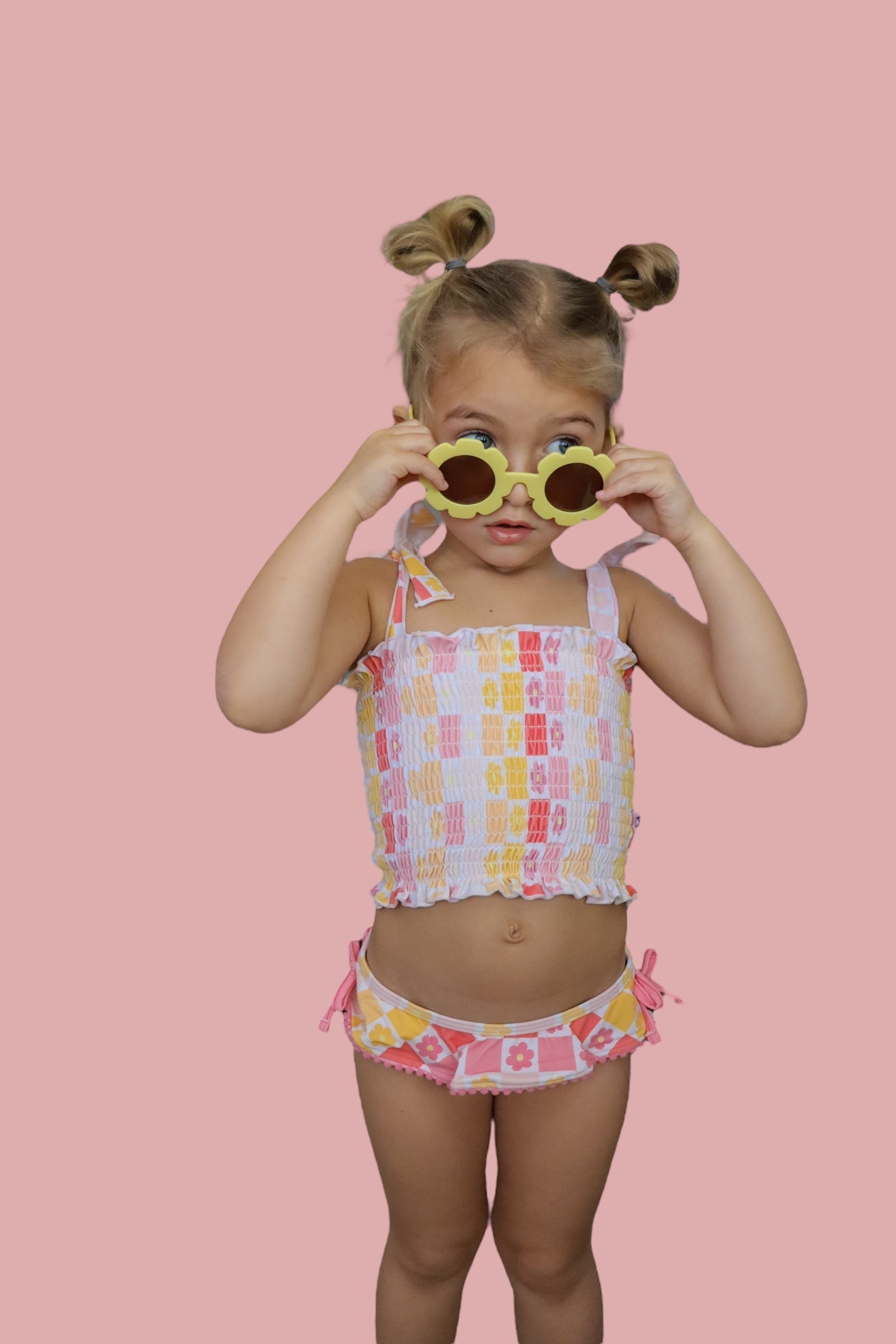 SUMMER SUNSET CHECKERS DREAM SMOCKED TANKINI TWO PIECE SWIM SUIT