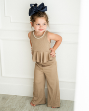Hattie Peplum Top Two-Piece Wide Leg Set - Oatmilk