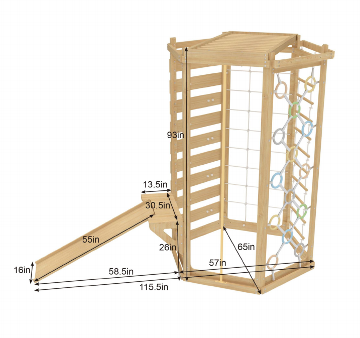Hawthorn Indoor Playground | 93" Montessori Climbing Gym with Slide & Rope Net