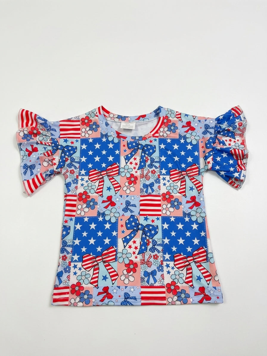 Patchwork bows July 4th ruffle tee