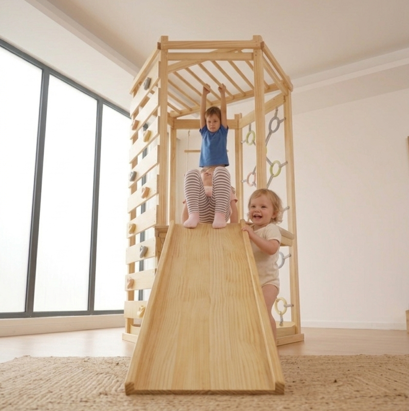 Hawthorn Indoor Playground | 93" Montessori Climbing Gym with Slide & Rope Net