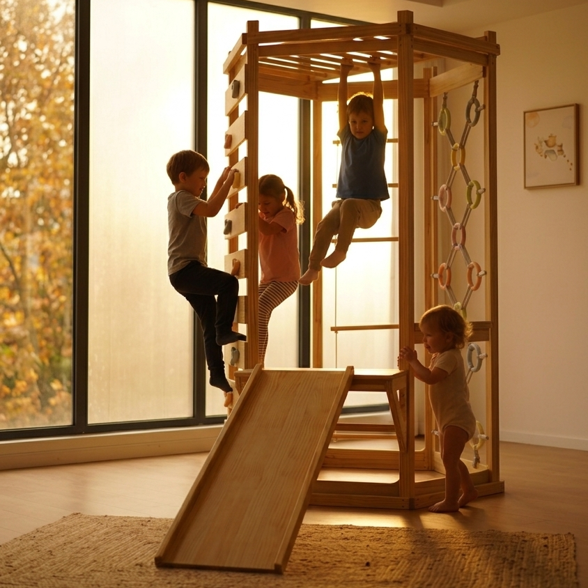 Hawthorn Indoor Playground | 93" Montessori Climbing Gym with Slide & Rope Net