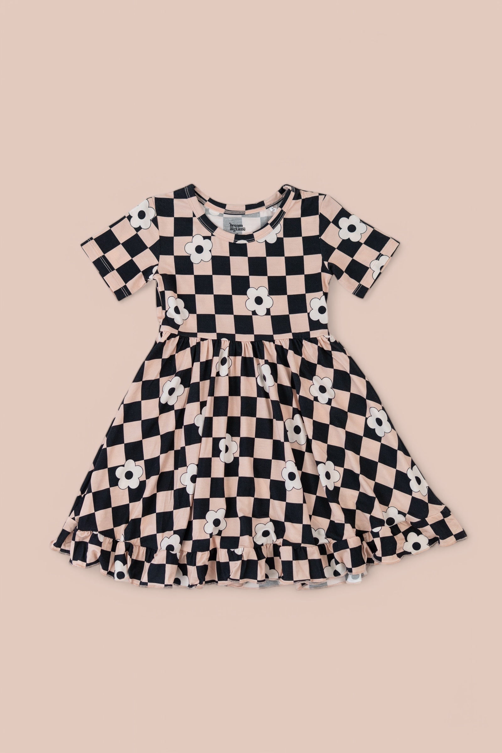RETRO DAISY CHECKS DREAM SHORT SLEEVE RUFFLE DRESS