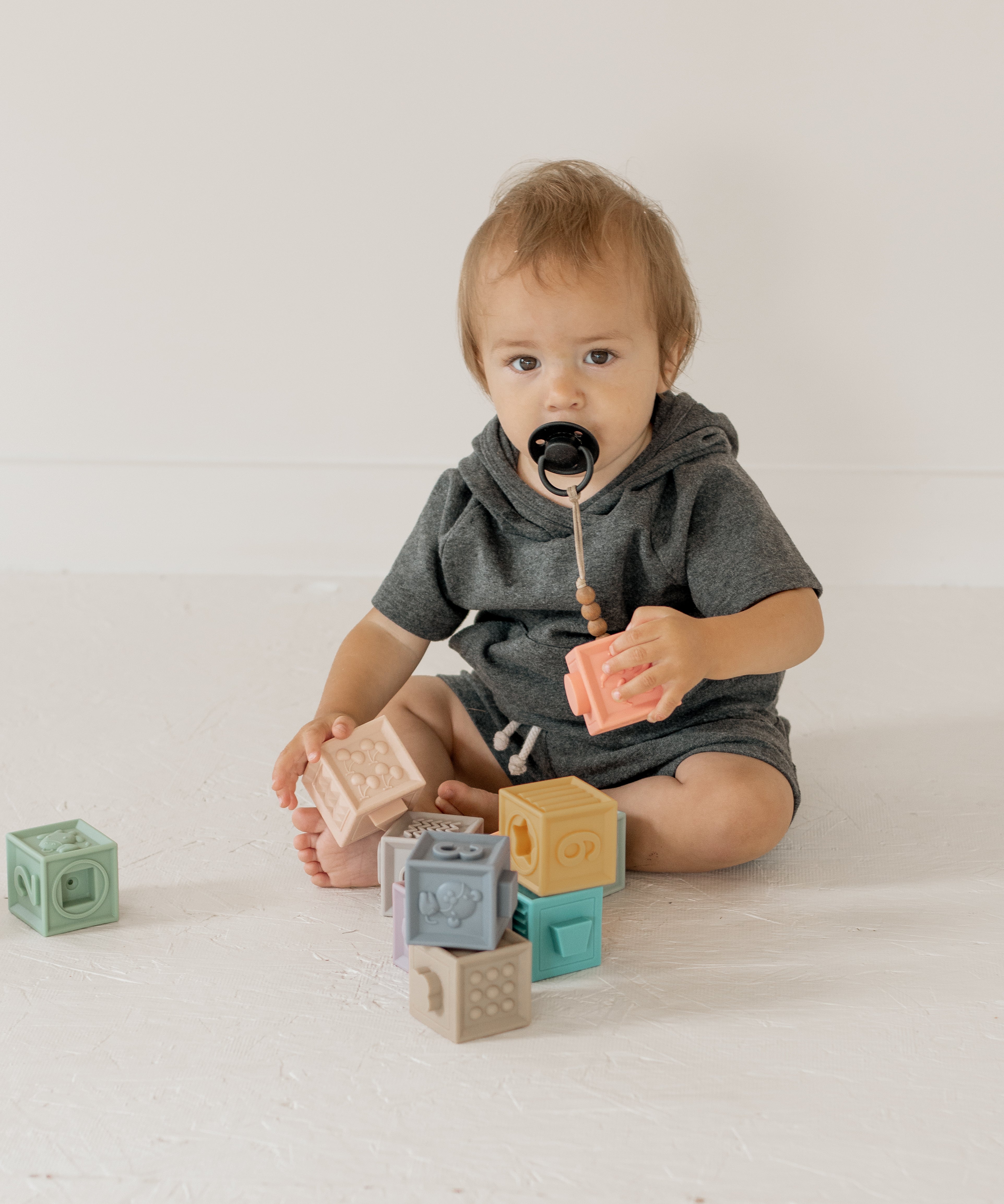 Twelve Silicone Blocks Set for Toddlers and Babies With Burlap Storage Bag Bath Toys for Counting Shapes