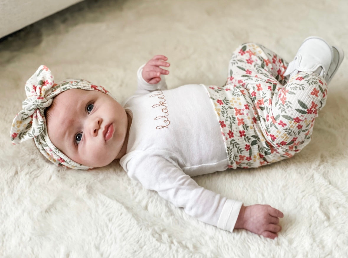 Colorful Dainty Flowers on White Ribbed Leggings