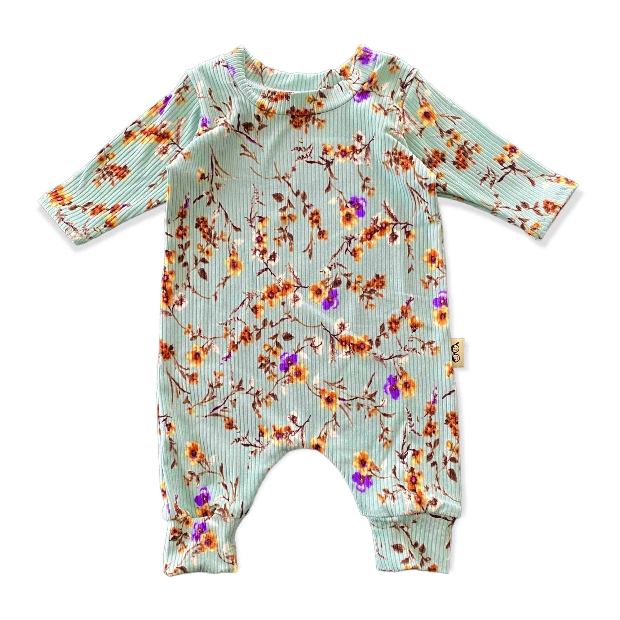 Dried Floral on Sage Ribbed Harem Romper