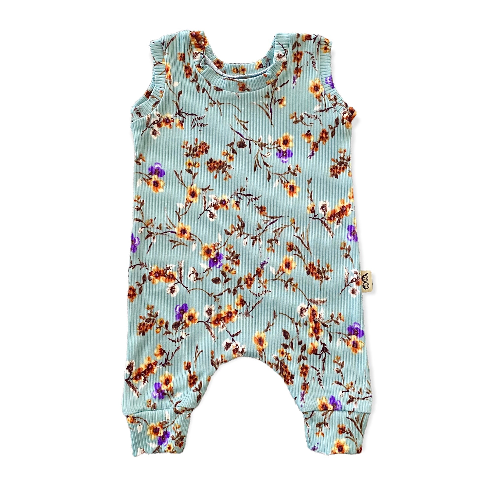 Dried Floral on Sage Ribbed Harem Romper