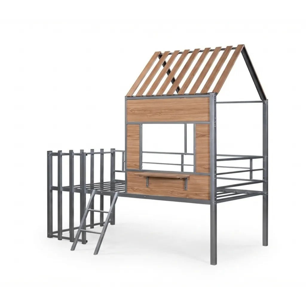 Kids House Beds Low Loft Bed Frame with Roof, Window