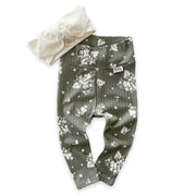 Minimal Floral Olive Ribbed Leggings with White Headband