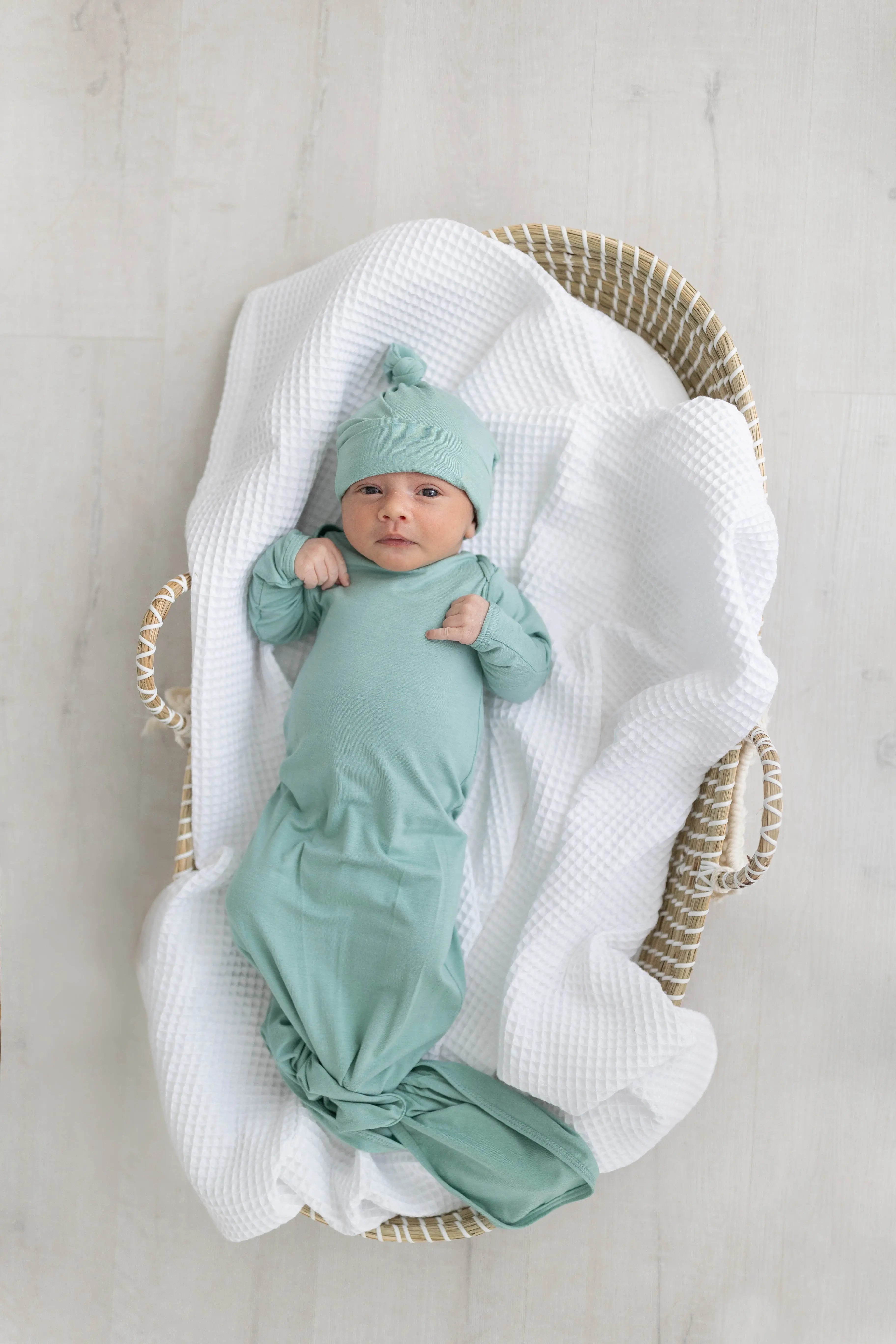 Newborn Knotted Baby Gown and Hat Set - Crew  - (Newborn-3 months) Mint, Navy Blue, Pink, Camel Brown