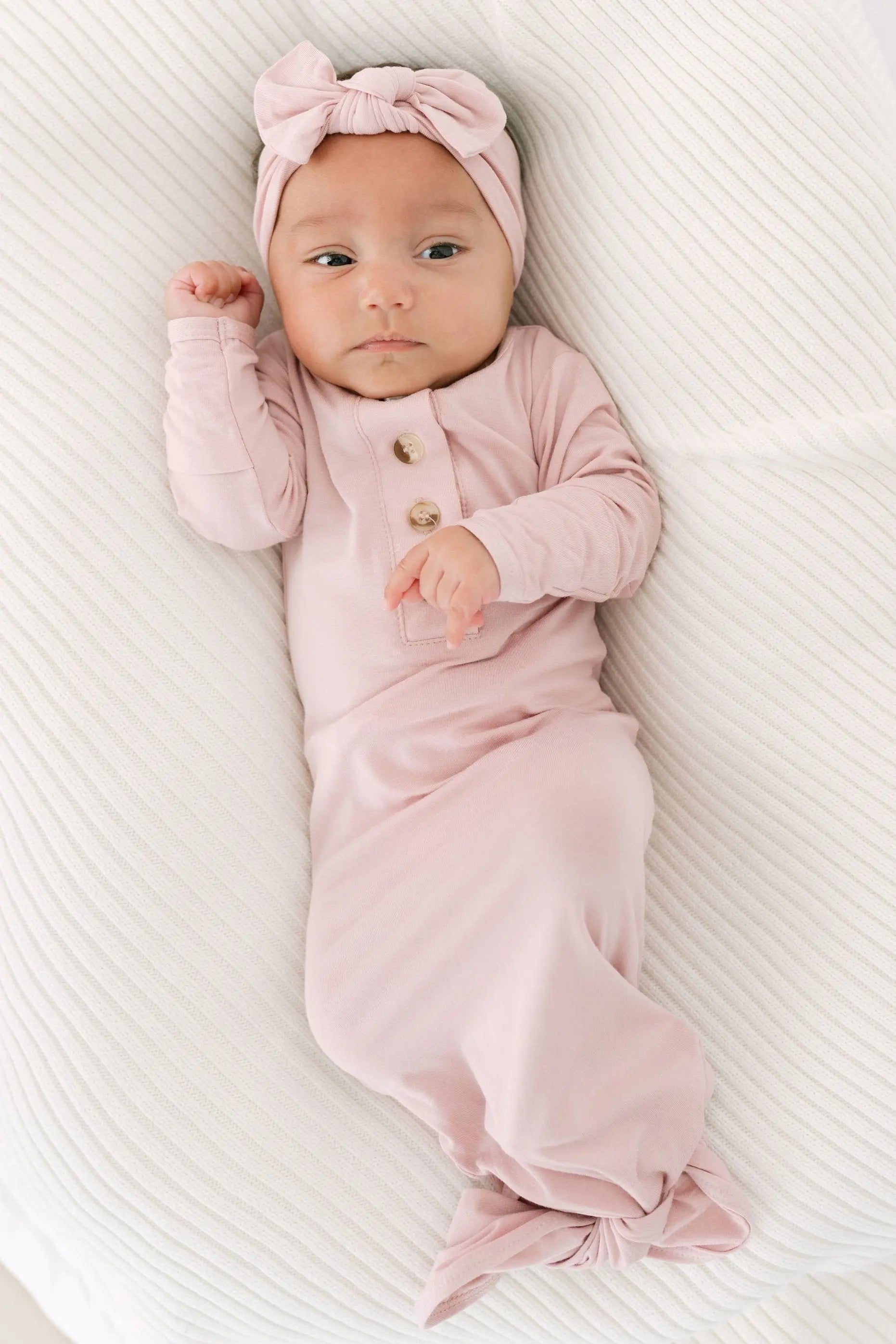 Knotted Baby Gown, Hat, Headband Set – Newborn Baby Girl Outfit - Dusty Rose