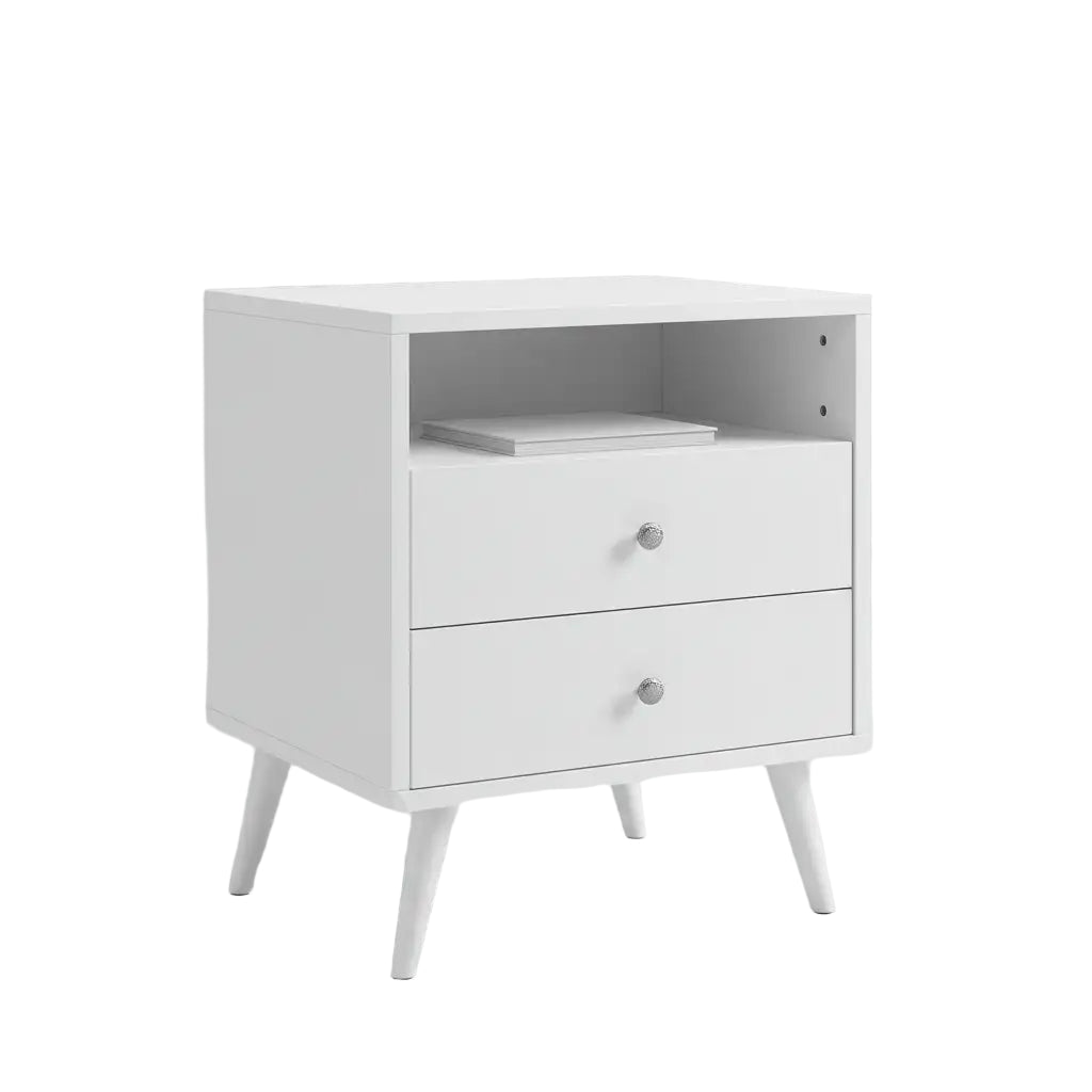 White Nightstand with 2 Drawers and Open Shelf Wooden Bed Side