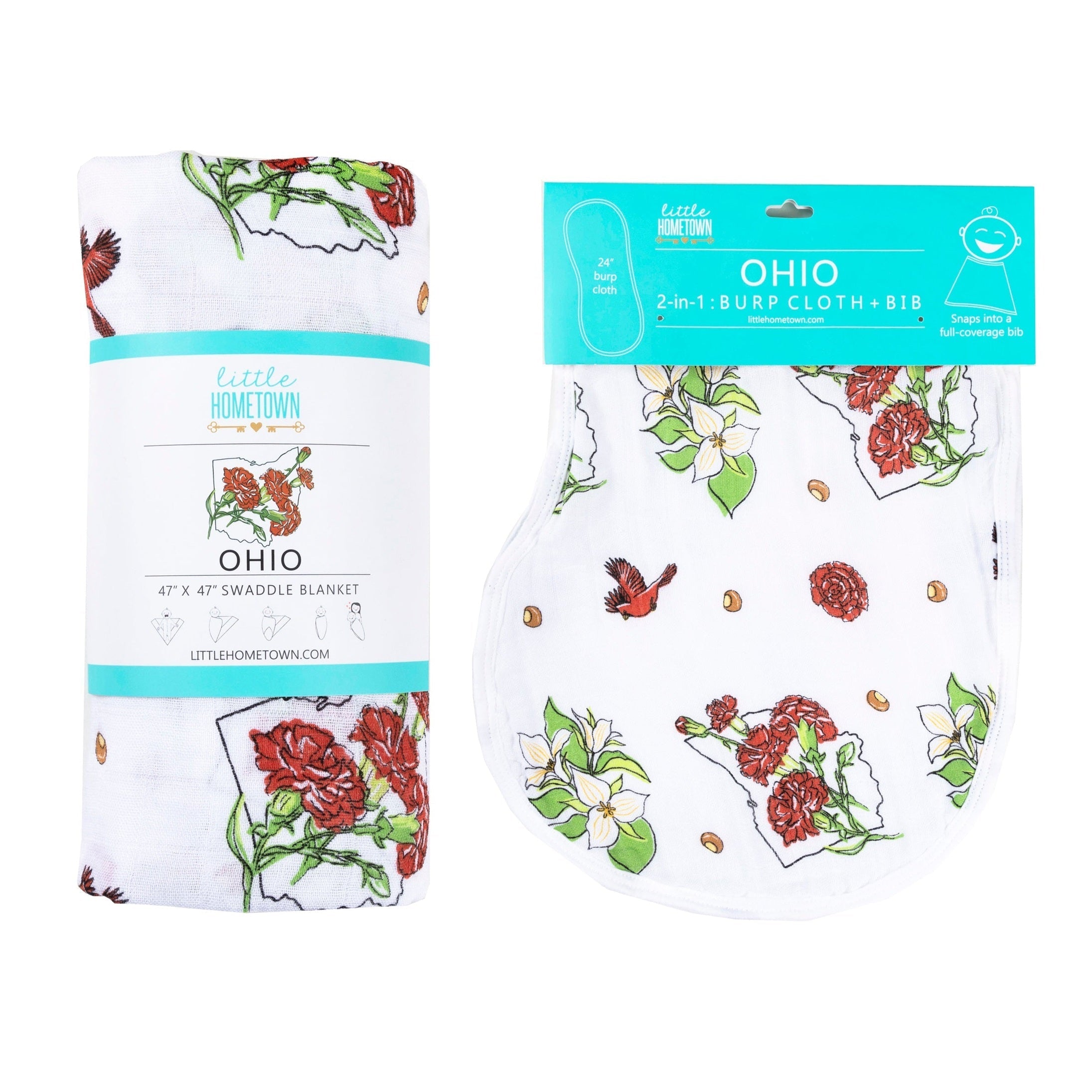 Ohio Newborn Gift Set: Muslin Swaddle & Bib (Floral)