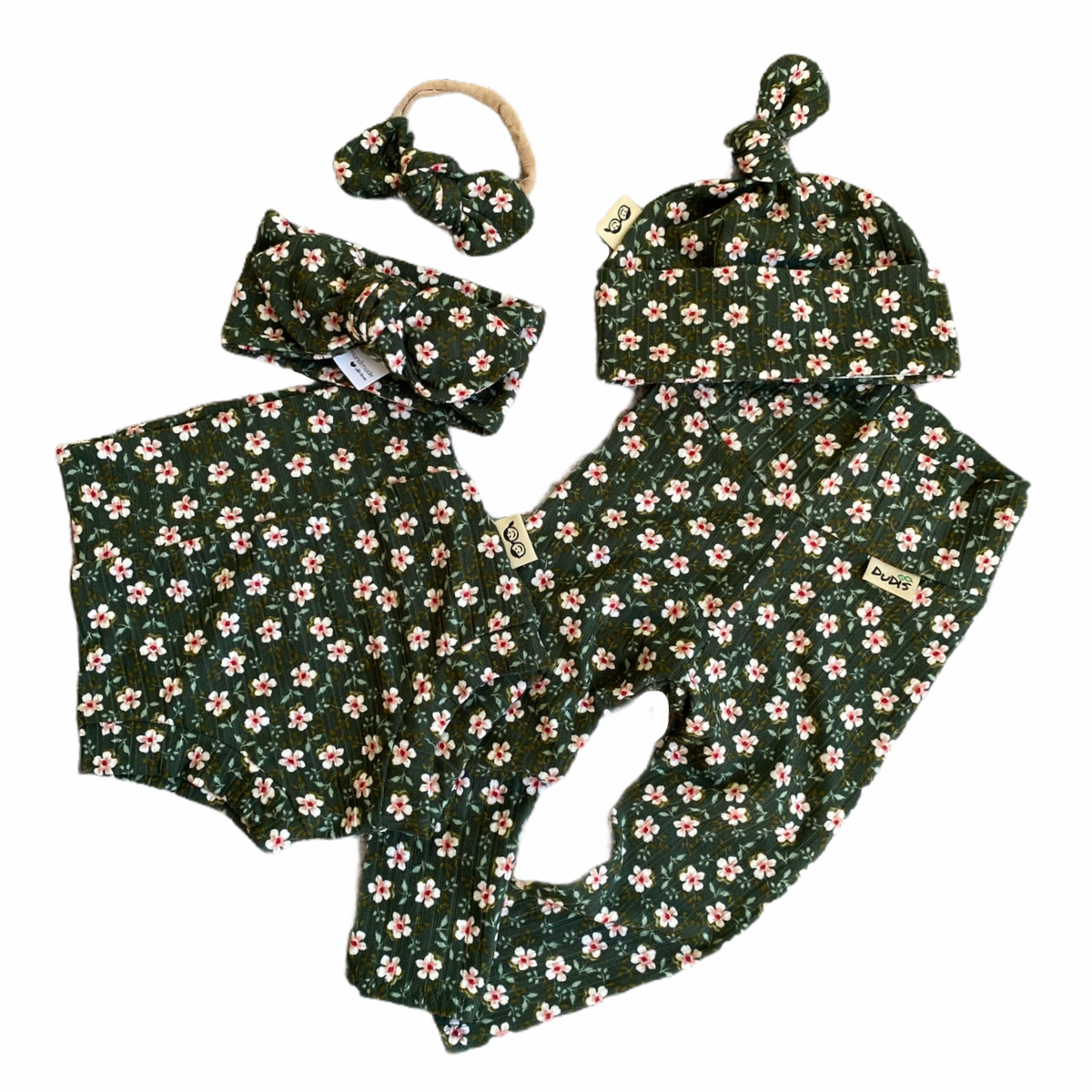 Dainty Floral Green Rib Leggings and/or Beanie Knot Hat