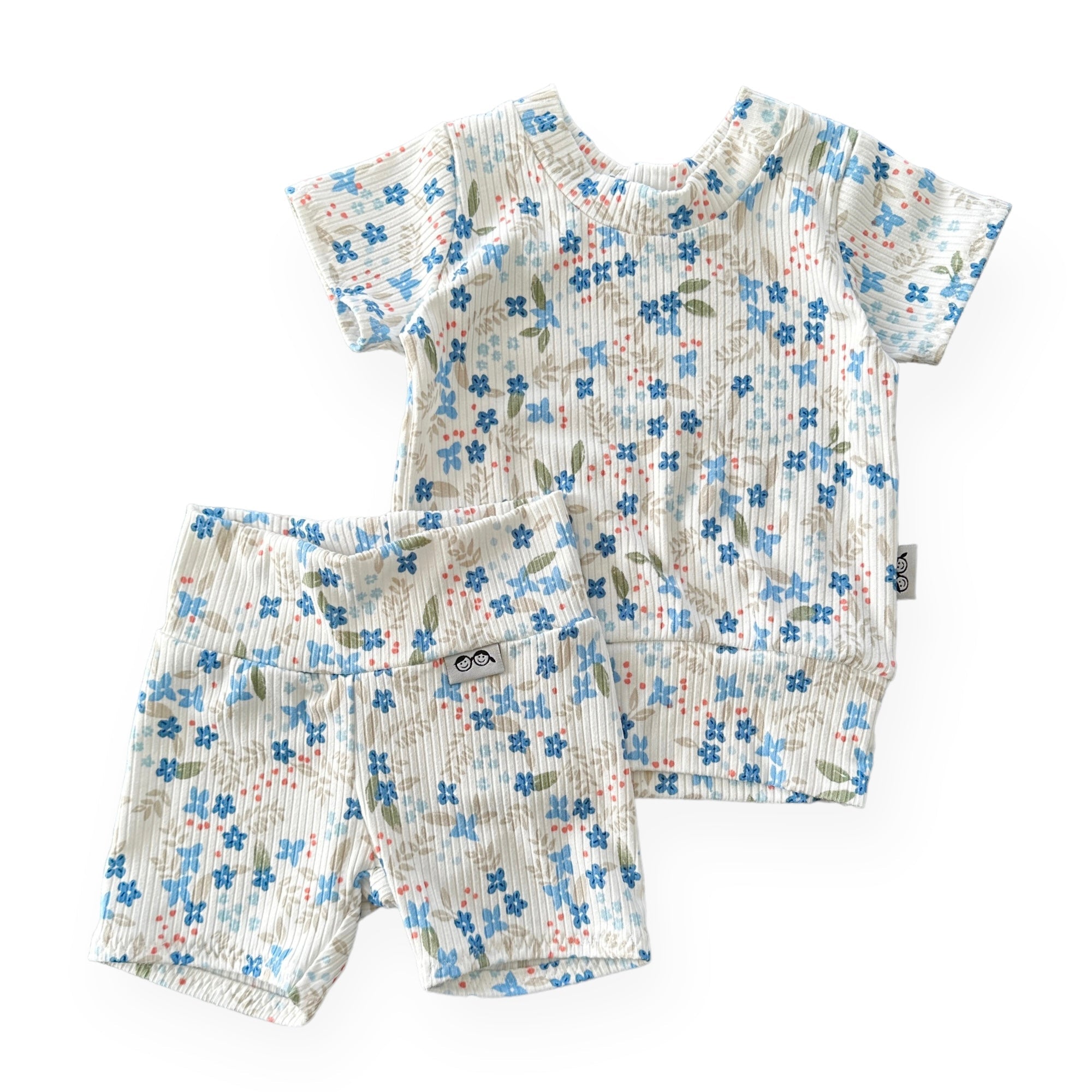 Blue Tone Dainty Flowers on White Ribbed Biker Shorts Lounge Set