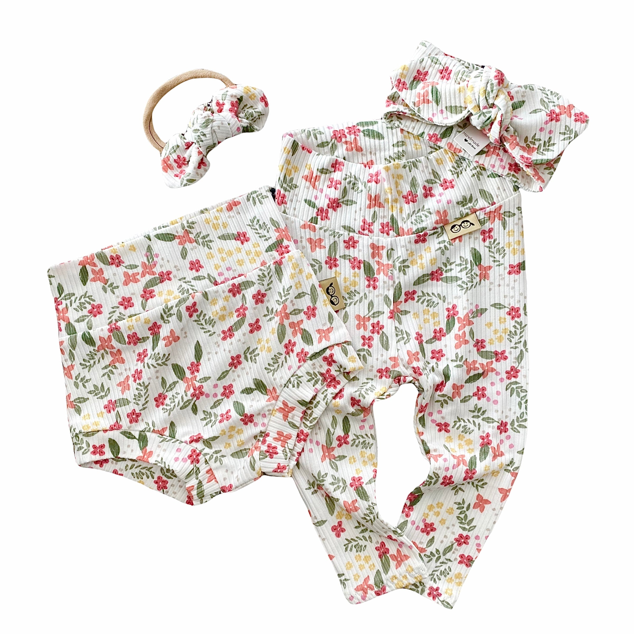 Colorful Dainty Flowers on White Leggings and/or Knot Beanie