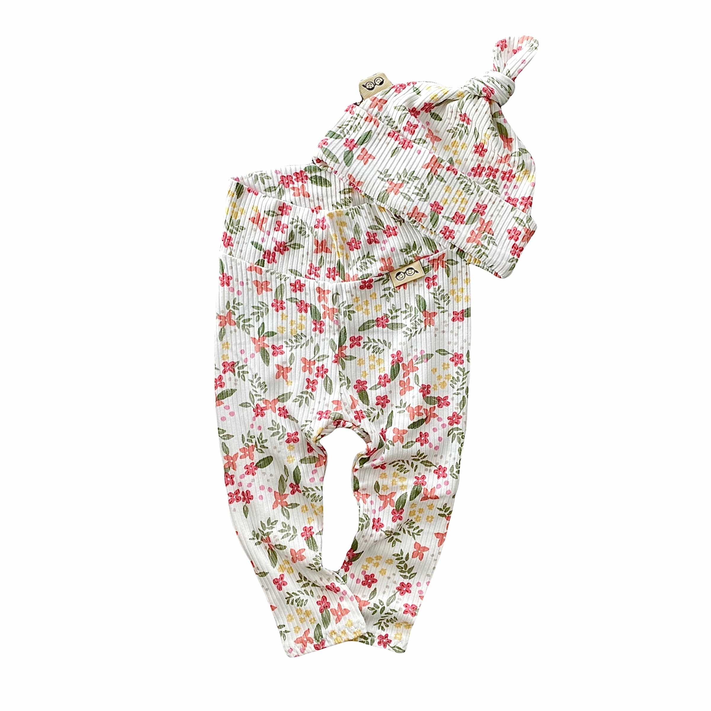 Colorful Dainty Flowers on White Leggings and/or Knot Beanie
