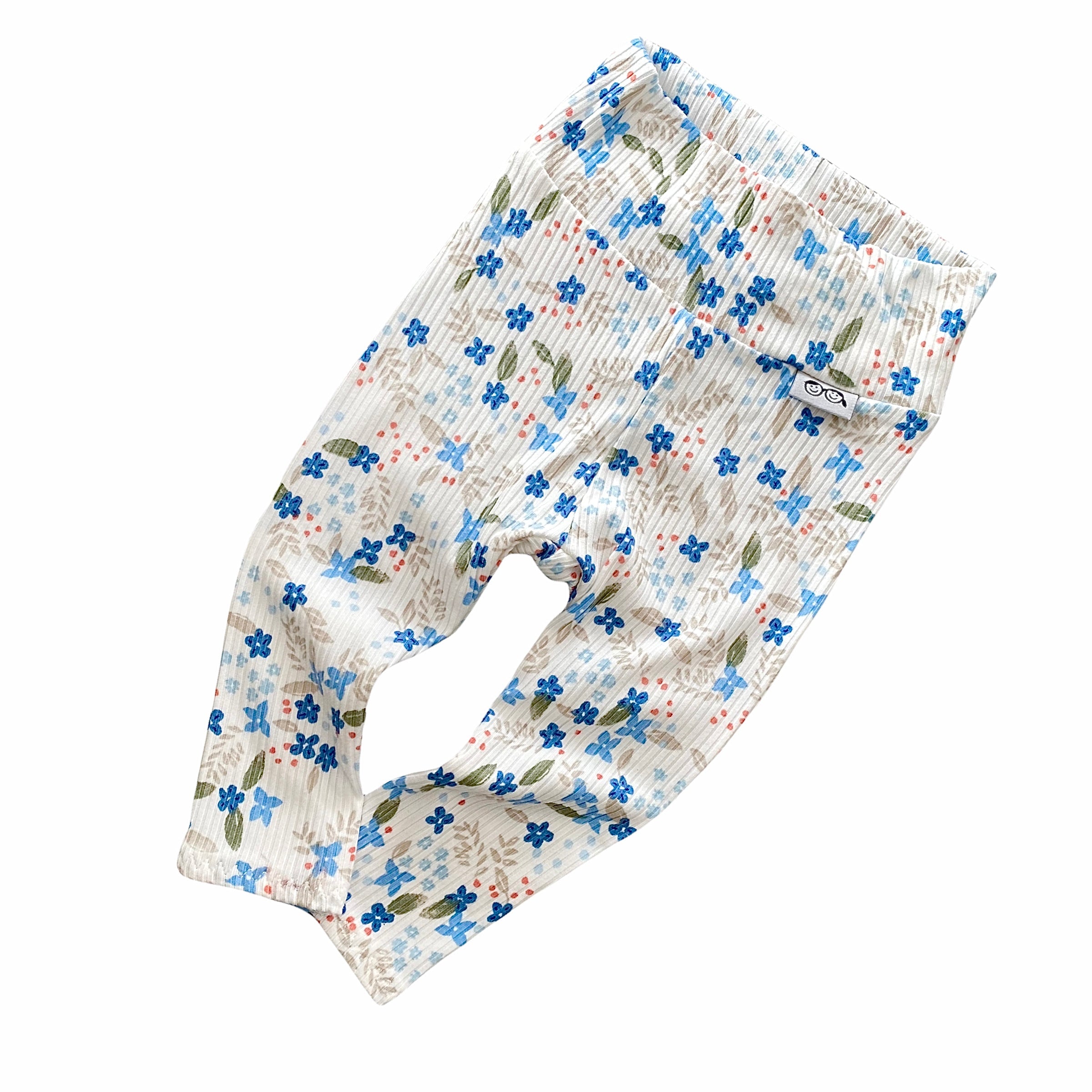 Blue Tone Dainty Flowers on White Ribbed Leggings