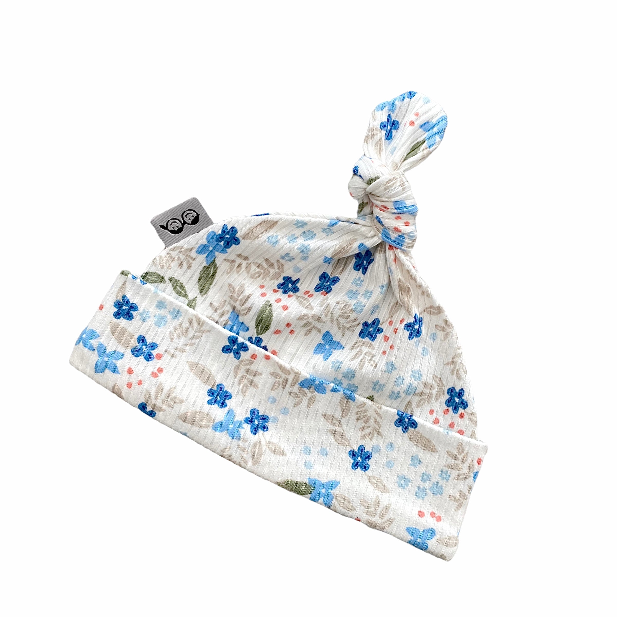Blue Tone Dainty Flowers on White Ribbed Leggings and/or Knot Beanie
