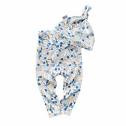 Blue Tone Dainty Flowers on White Ribbed Leggings and/or Knot Beanie