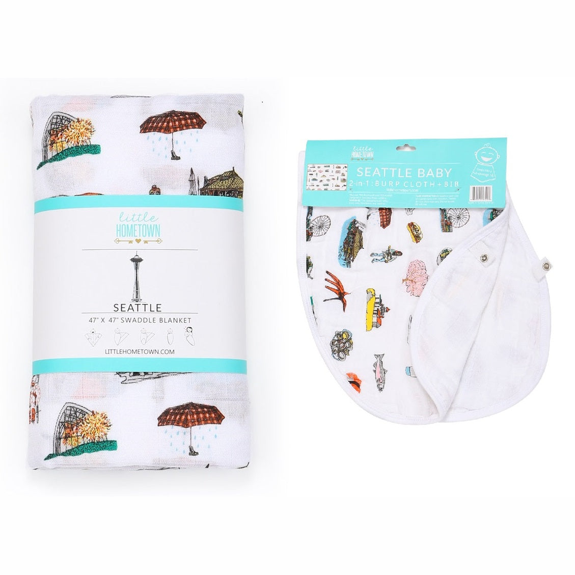 Seattle Baby Gift Set: Muslin Swaddle & Bib | Organic Cotton