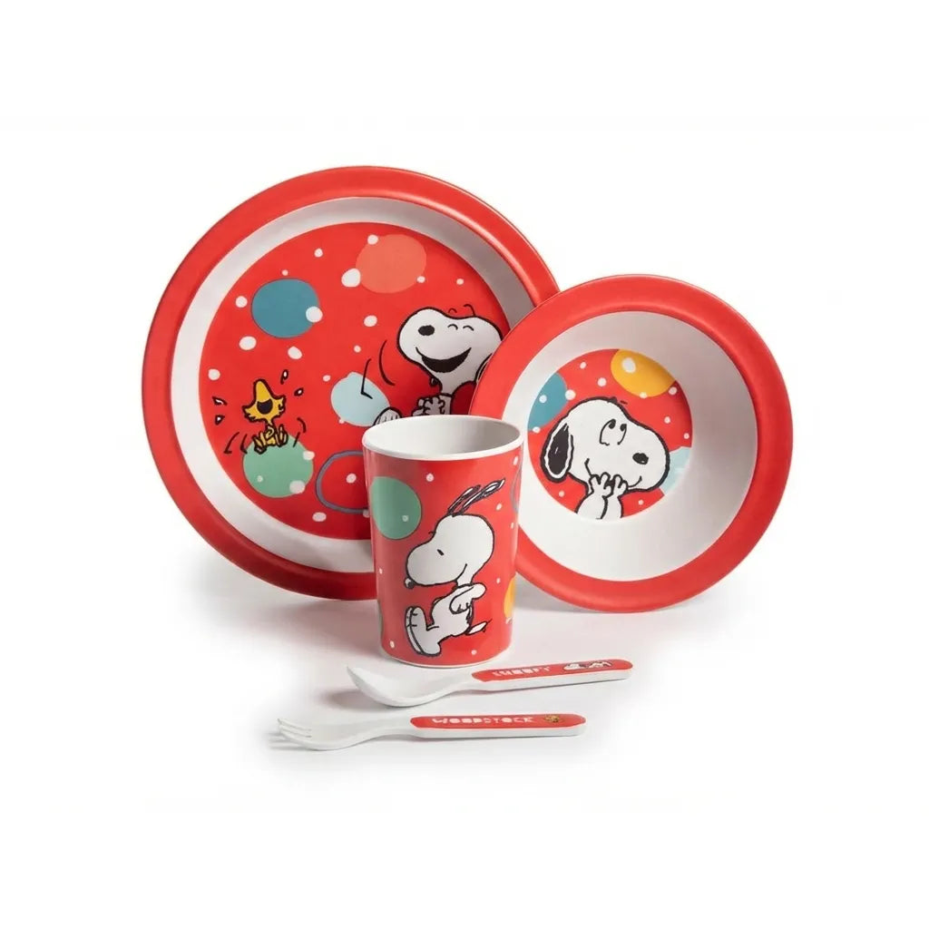 Snoopy Fun Times 5-Piece Bamboo Melamine Dinnerware Set For Kids - Red