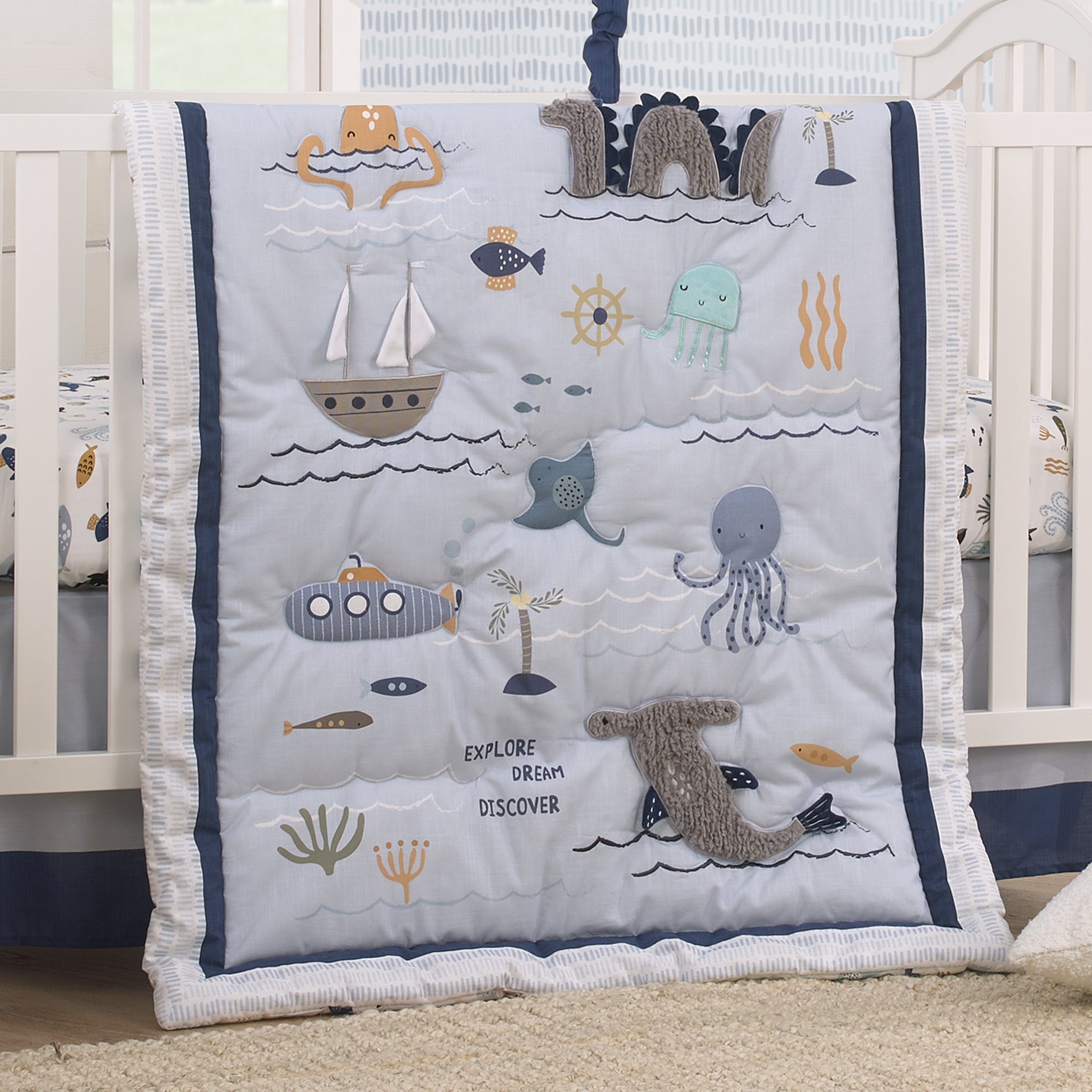 Explore Dream Discover Light Blue, Navy, Gray and Coral Ocean 4 Piece Nursery Crib Bedding Set - Comforter, 100% Cotton Fitted Crib Sheet, Crib Skirt and Nursery Organizer