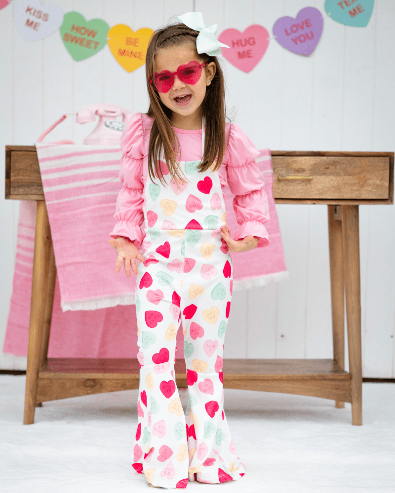 Andi Pleated Bell Bottom Jumpsuit - Conversation Hearts