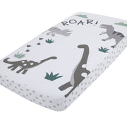 Baby-Saurus Photo Op ROAR White, Gray, and Green Dinosaur with Clouds Nursery Fitted Crib Sheet