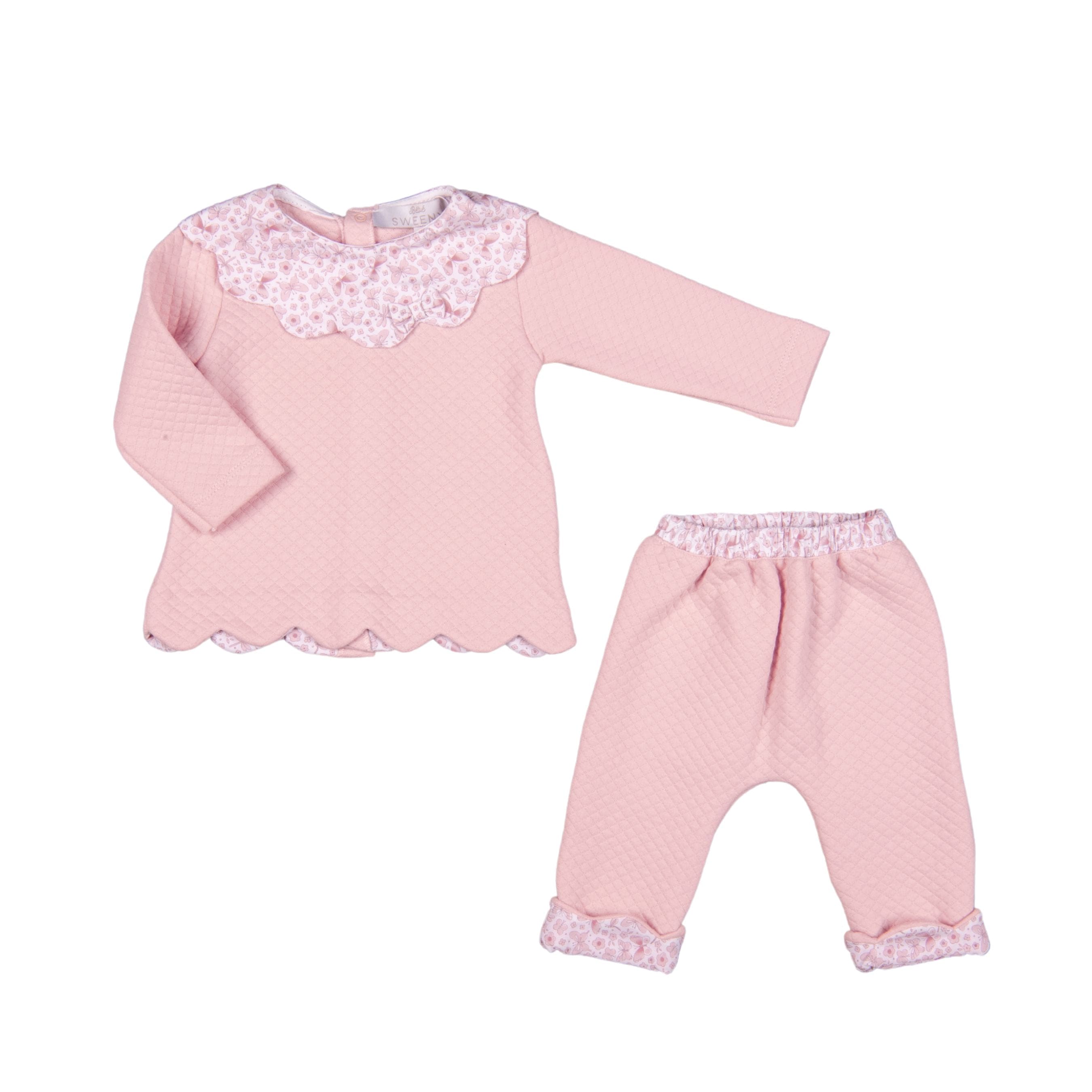 BUTTERFLY | Girls Pink Quilted Cotton Scalloped Pants Set