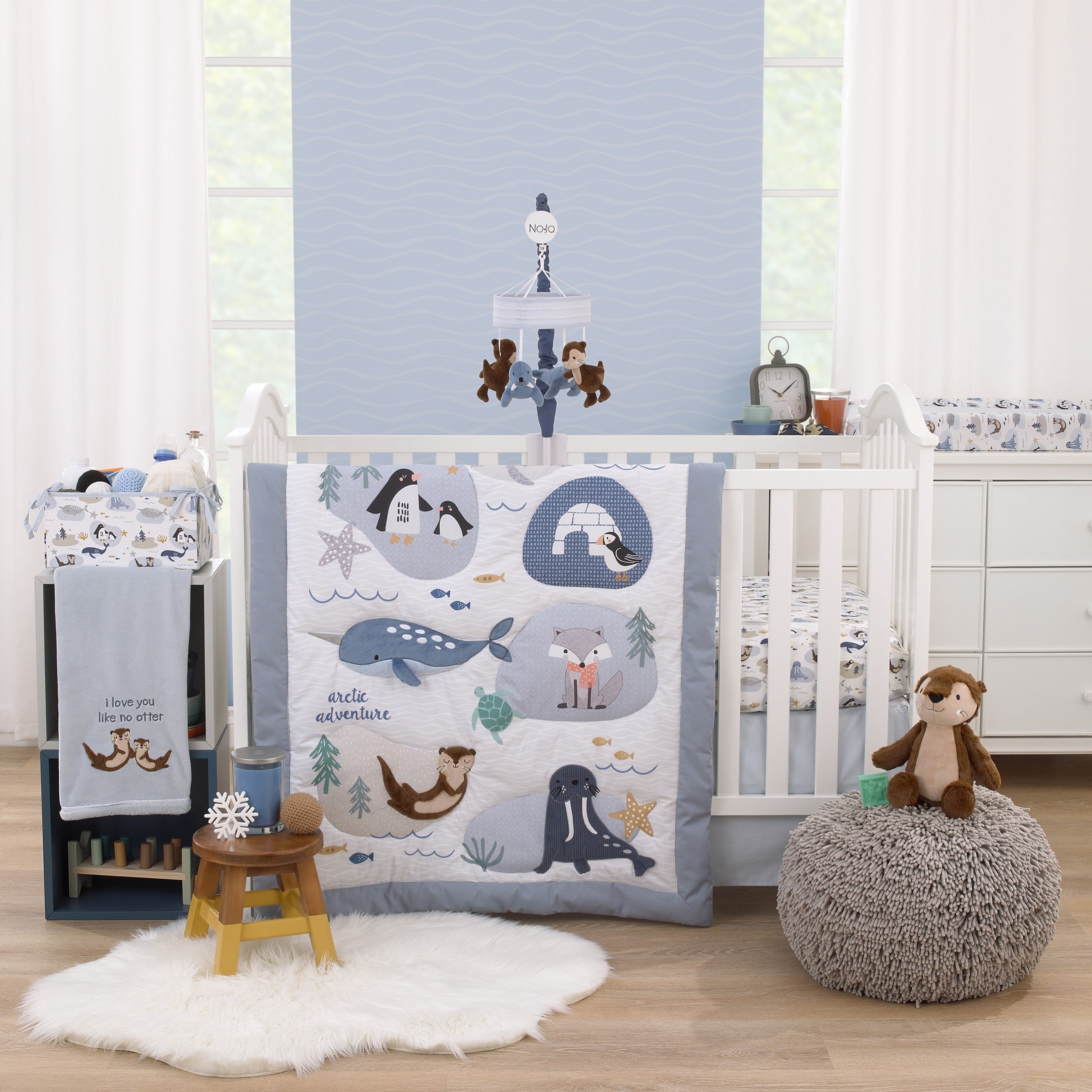 Arctic Adventure Light Blue, White, and Navy Whales, Narwhal, and Walrus "The World is your Oyster" 100% Cotton Photo Op Fitted Crib Sheet