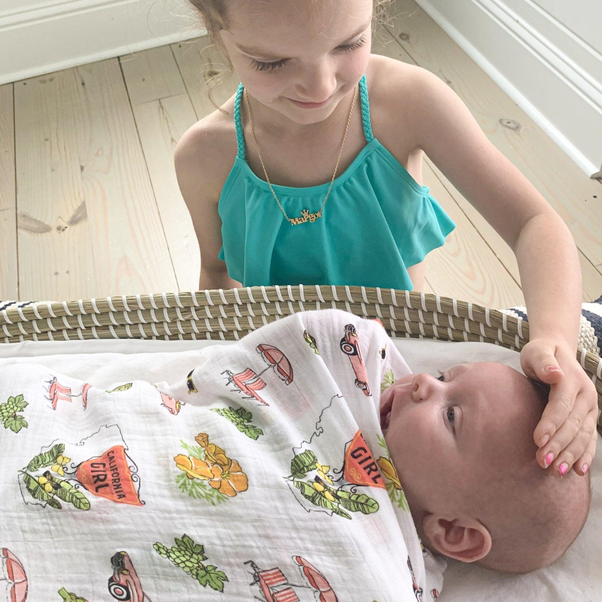 California Girl Baby Gift Set: Muslin Swaddle & Bib | Organic Cotton