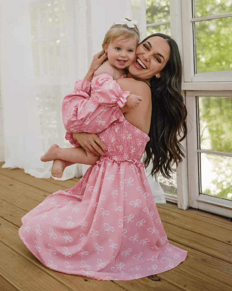 Calliope Puff Sleeve Off Shoulder Dress - Pink Bows