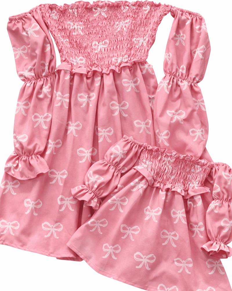 Calliope Puff Sleeve Off Shoulder Dress - Pink Bows