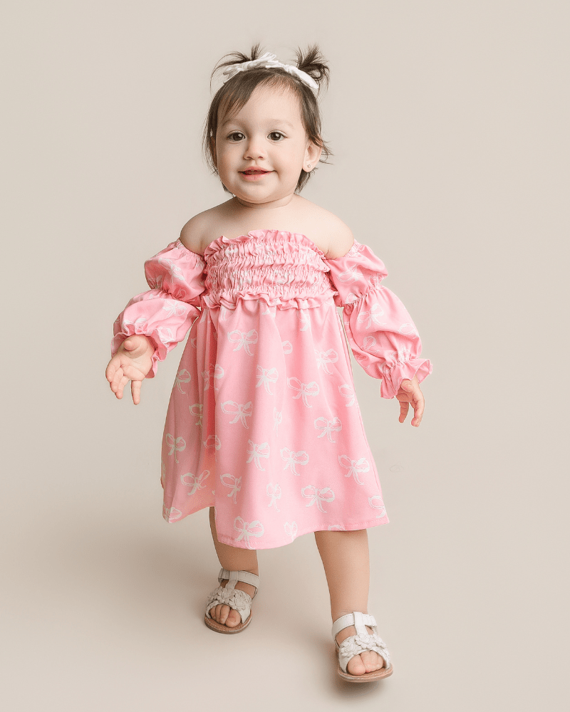 Calliope Puff Sleeve Off Shoulder Dress - Pink Bows