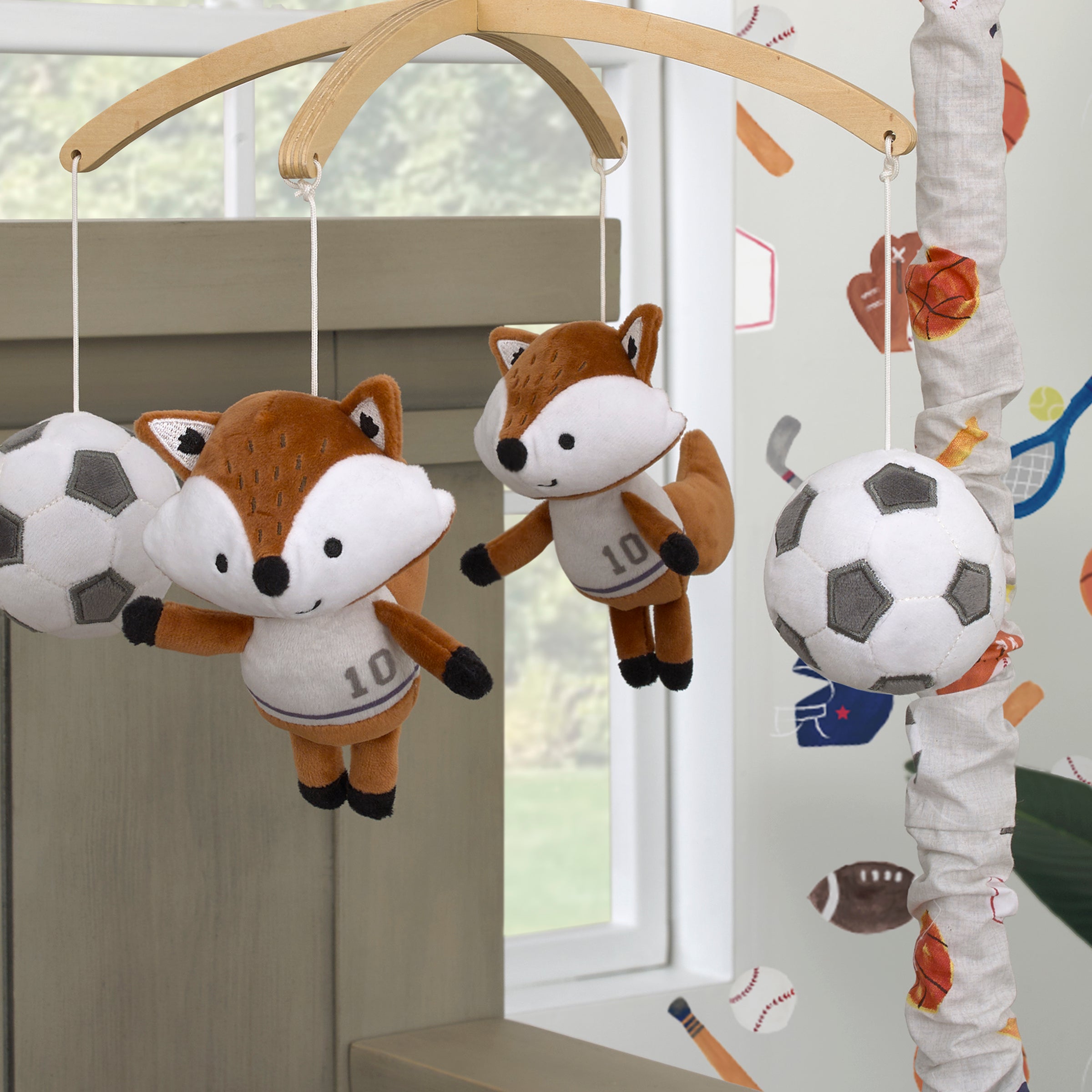 Team All Star Brown, White, Black and Grey, Fox with Soccer Balls Plush Musical Mobile