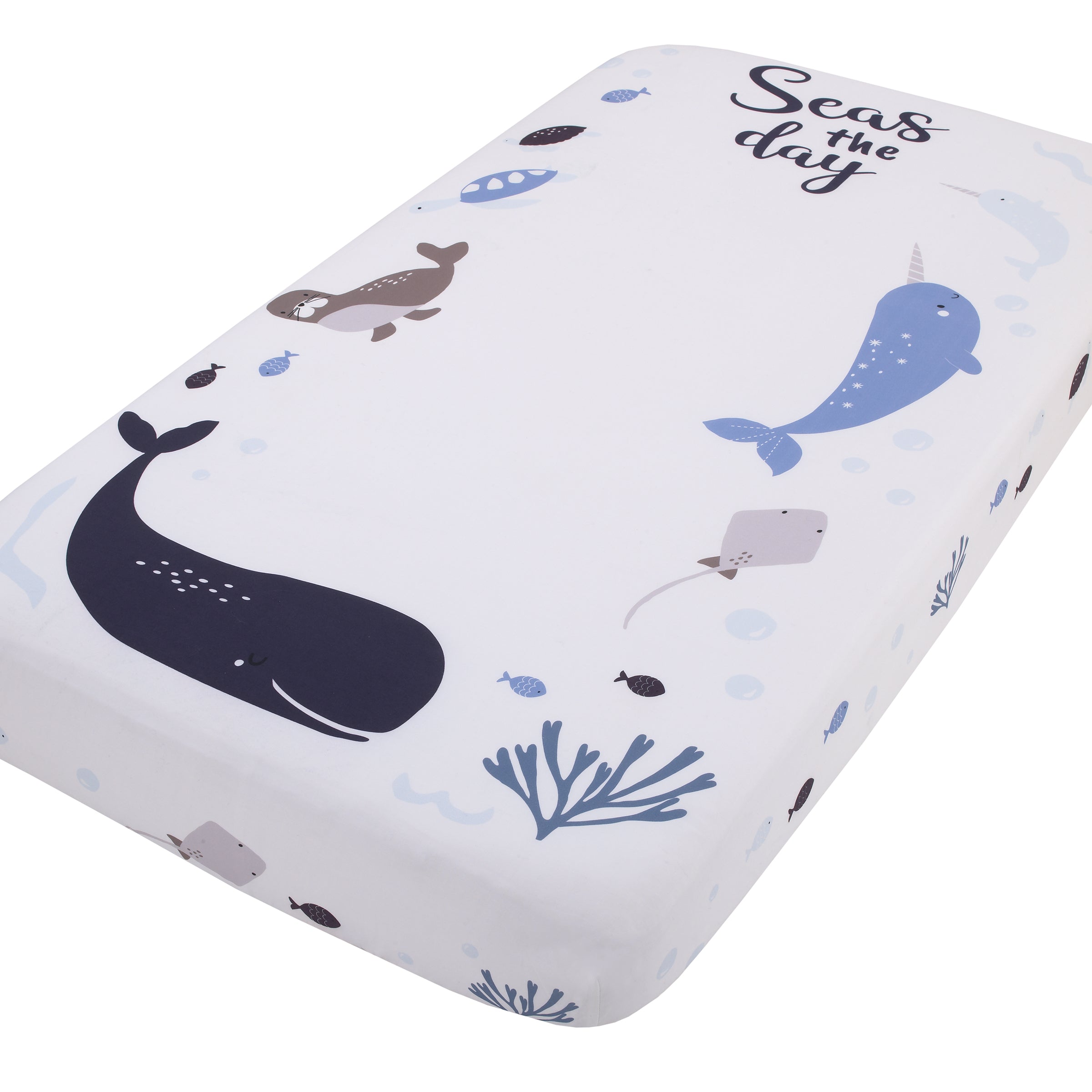 Seas The Day Multi Sea Animals Blue and White 100% Cotton Photo Op Fitted Crib Sheet