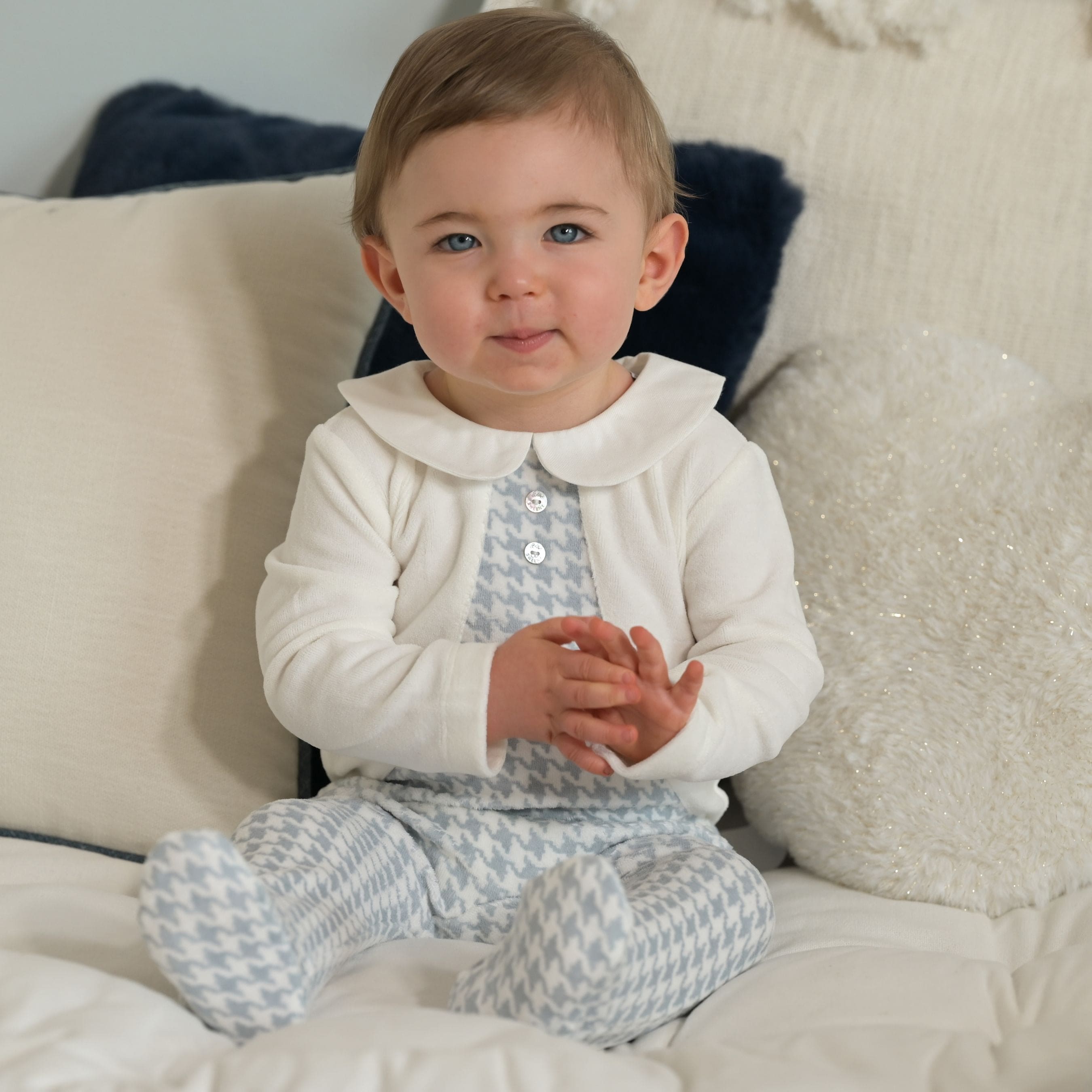 ELEONOR | Ivory & Blue Houndstooth Velour All-in-One