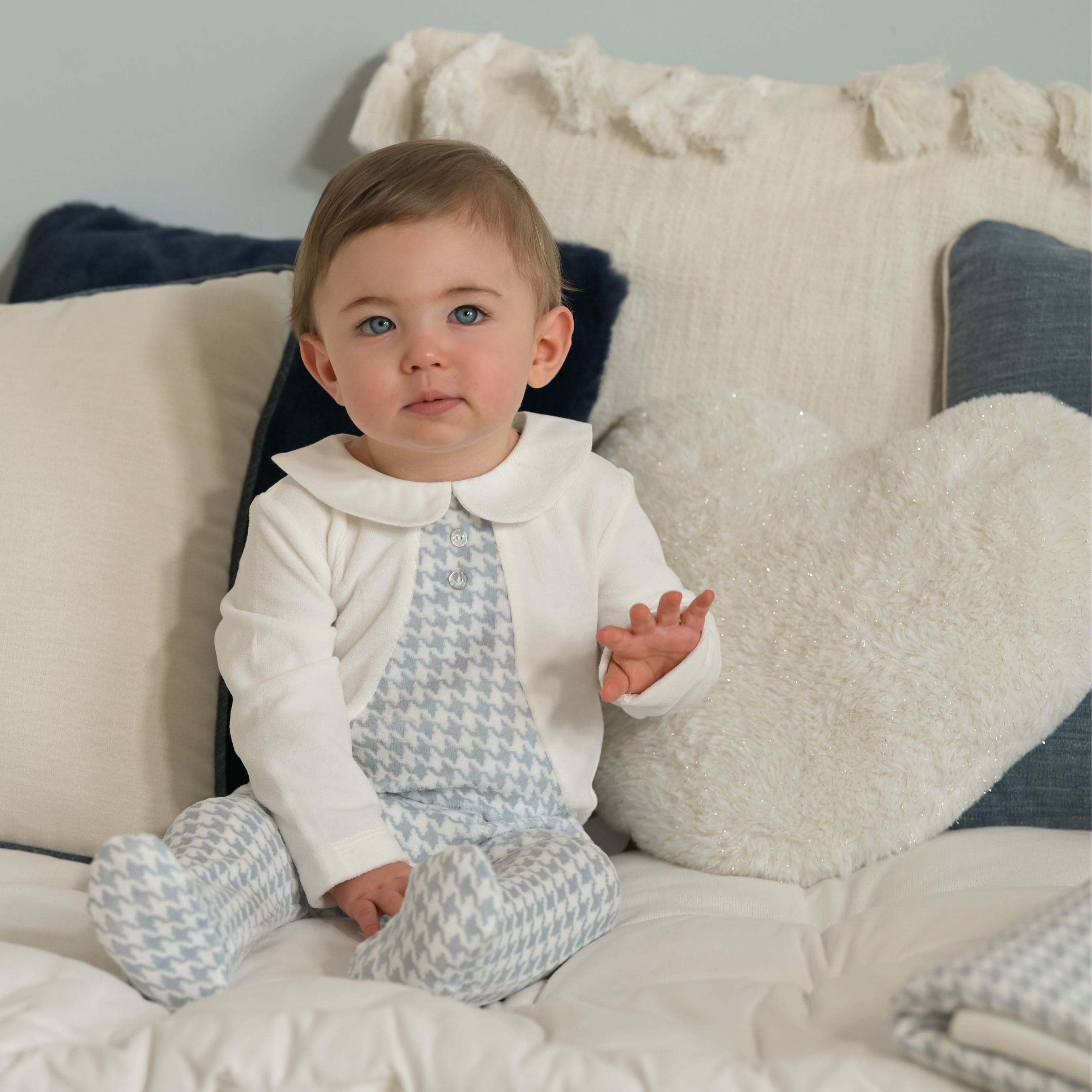 ELEONOR | Ivory & Blue Houndstooth Velour All-in-One