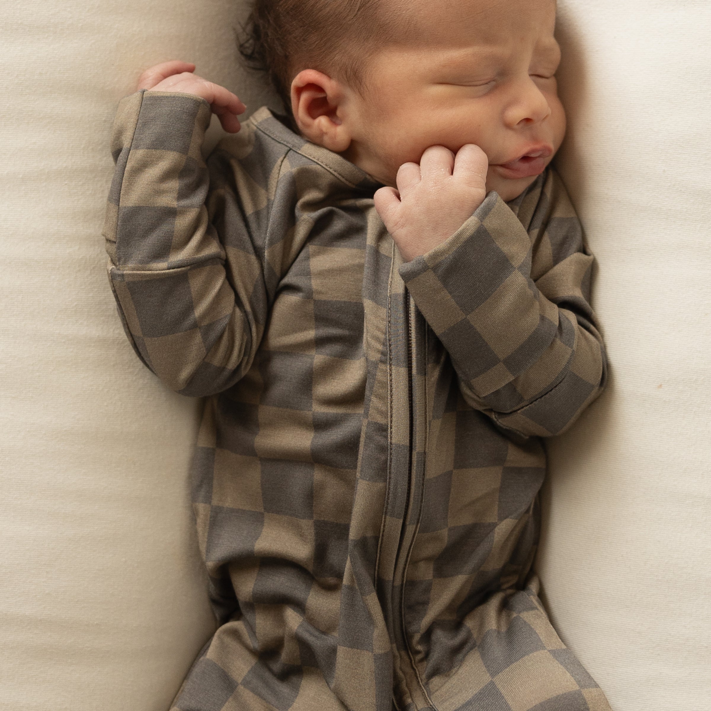Bamboo Zip Pajamas | Faded Brown Checkerboard