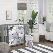 Baby-Saurus Gray, White, and Green Triceratops,  Brontosaurus, and Tyrannosaurus Dinosaurs with Mountains and Leaves 4 Piece Nursery Crib Bedding Set - Comforter, 100% Cotton Fitted Crib Sheet, Crib Skirt, and Storage