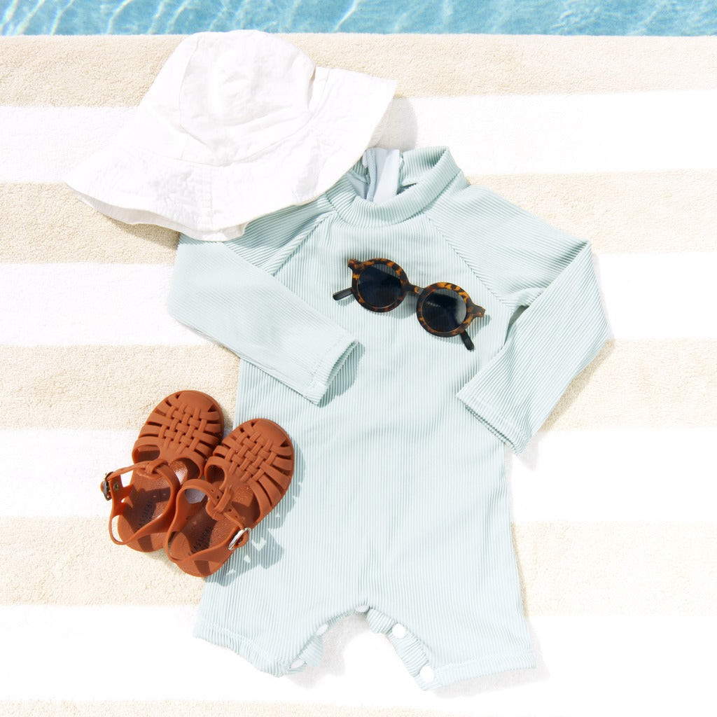 Ribbed Long-Sleeve Swimsuit for Baby · Rash Guard · Shorts · Gender-Neutral · Mint Color