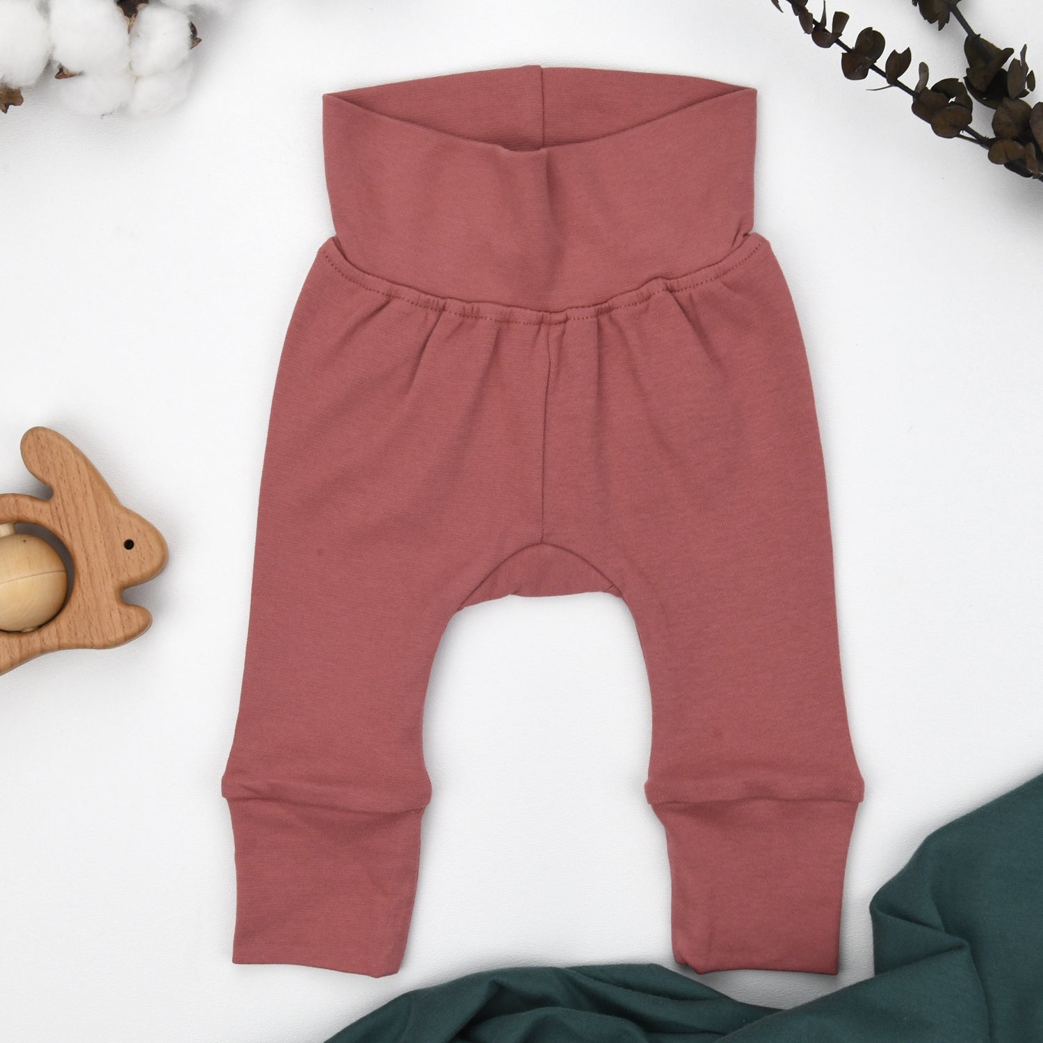 Organic Cotton High Waist Baby Pants, Dusty Rose
