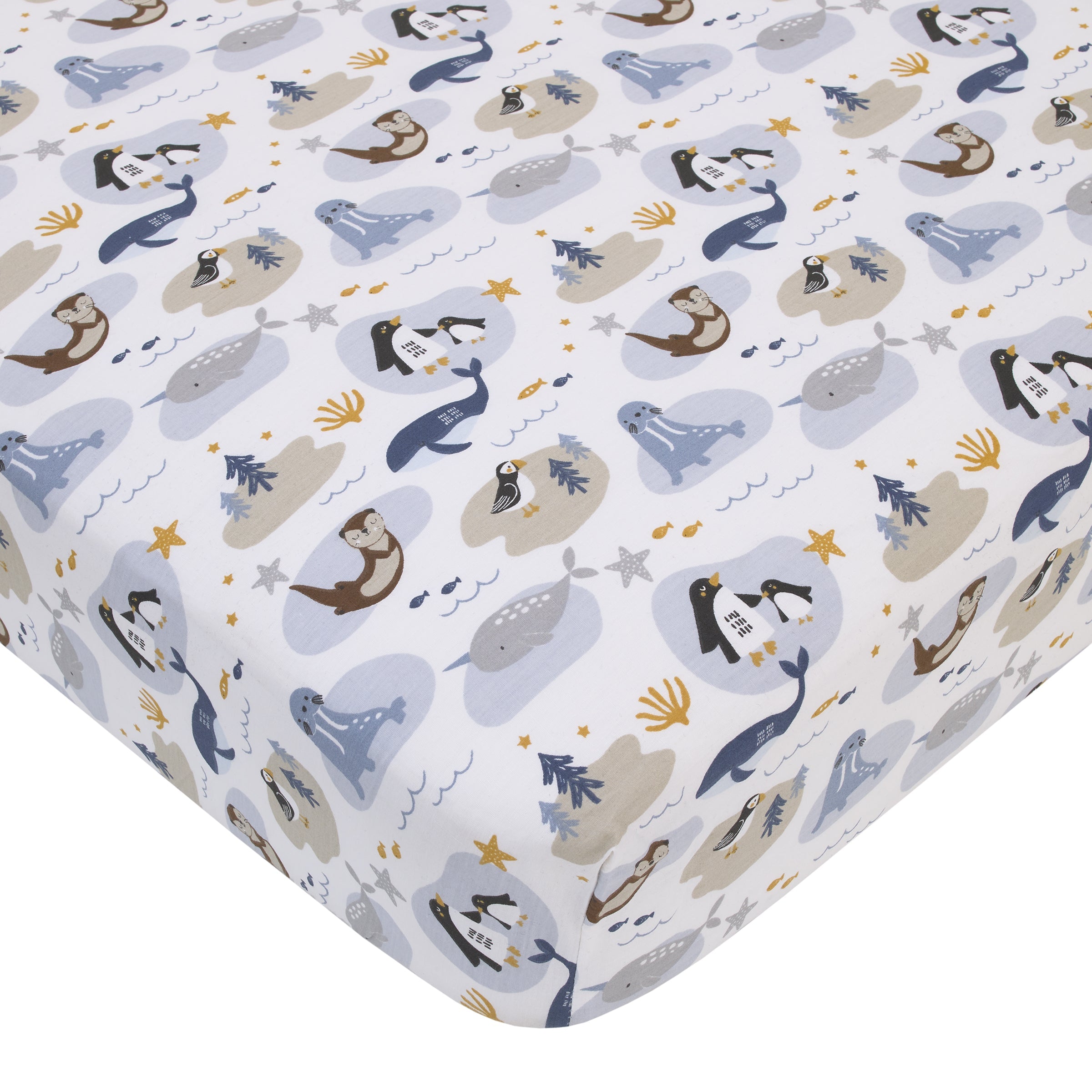 Arctic Adventure Light Blue, White, Taupe and Navy Whales, Walrus, and Otter 4 Piece Nursery Crib Bedding Set - Comforter, 100% Cotton Fitted Crib Sheet, Crib Skirt, and Storage Caddy