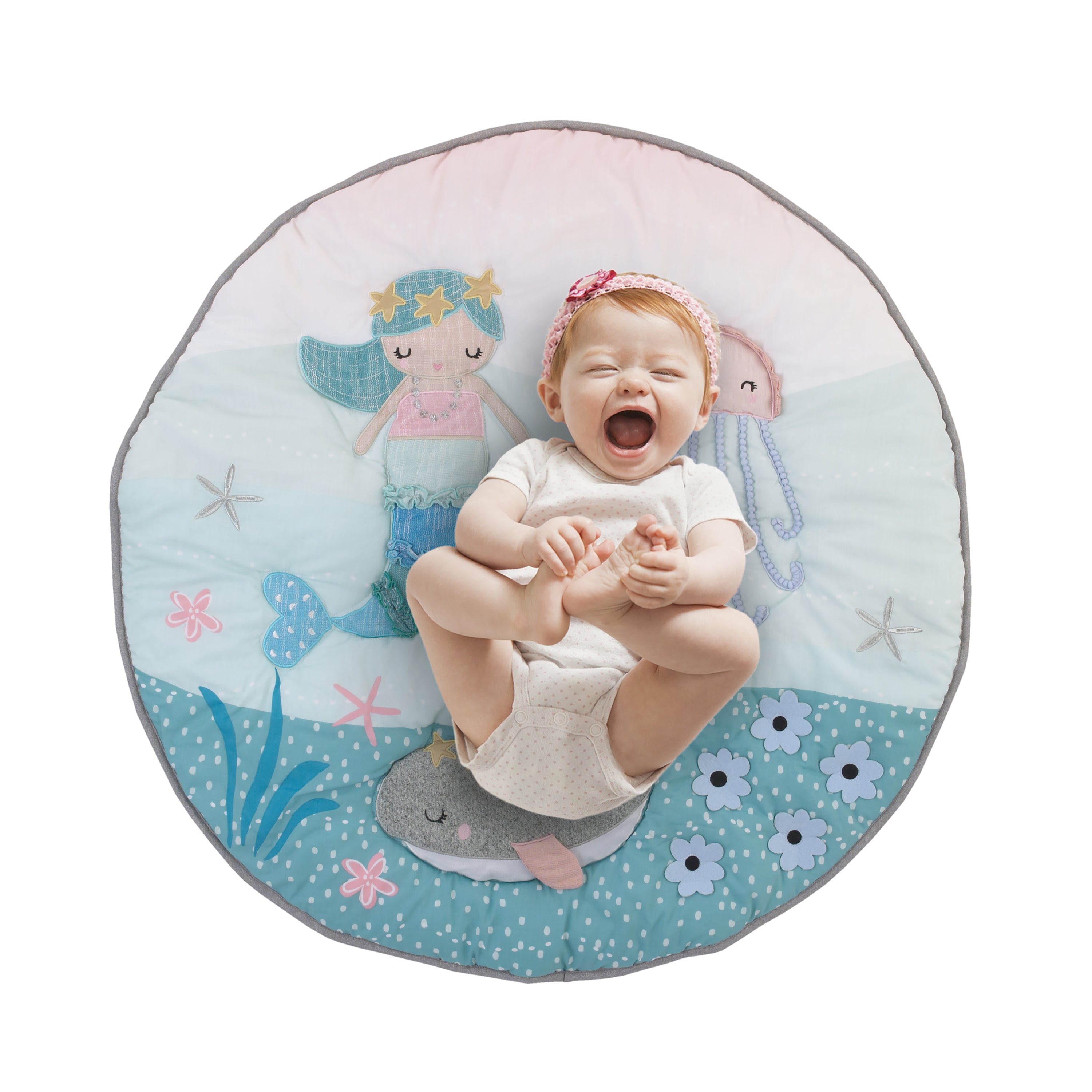 Sugar Reef Mermaid 4 Piece Nursery Crib Bedding Set - Appliqued Round Play Quilt, 100% Cotton Fitted Crib Sheet, Shirred Crib Skirt with 16" Drop, Nursery Organizer