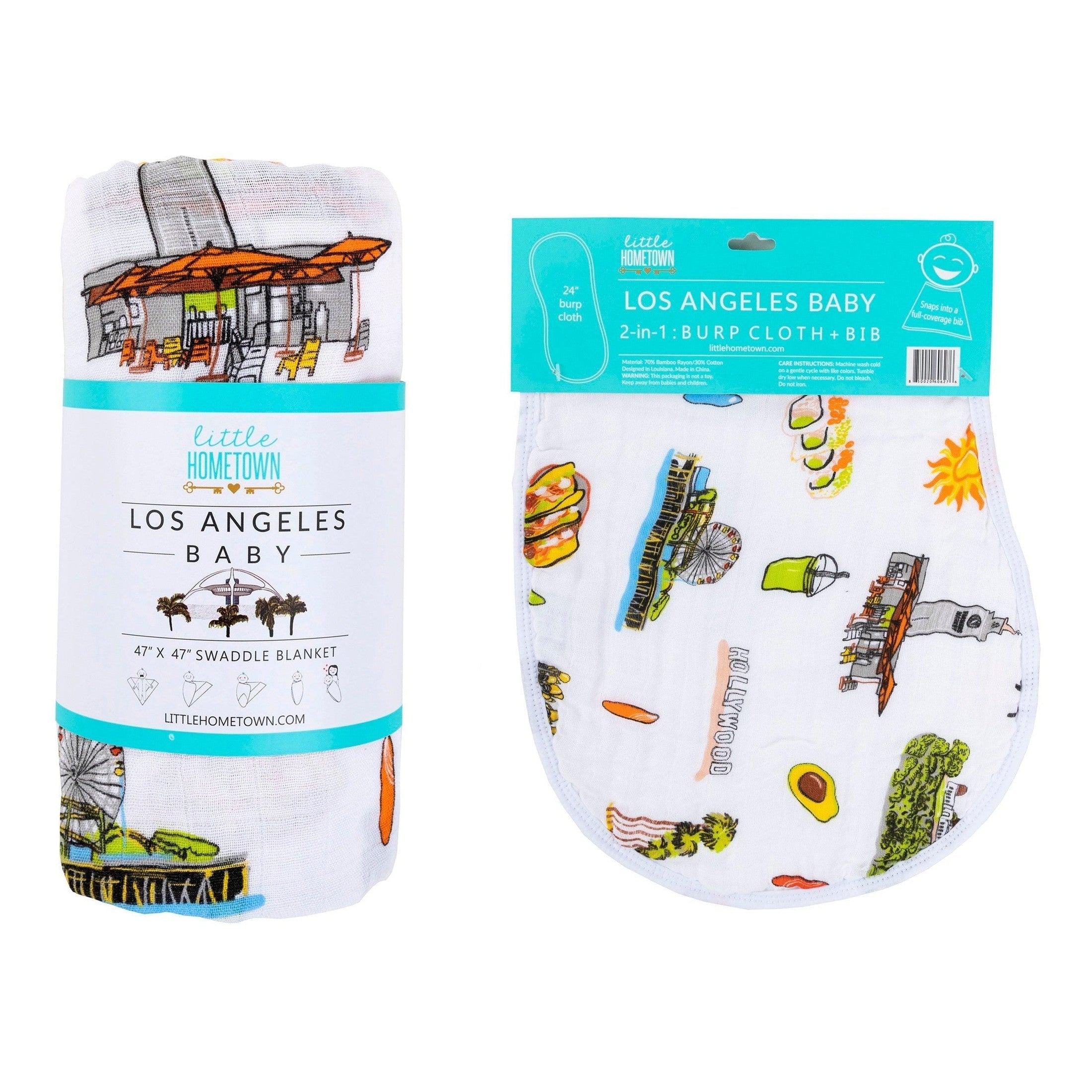 Los Angeles Newborn Gift Set: Muslin Swaddle & Bib | Organic Cotton