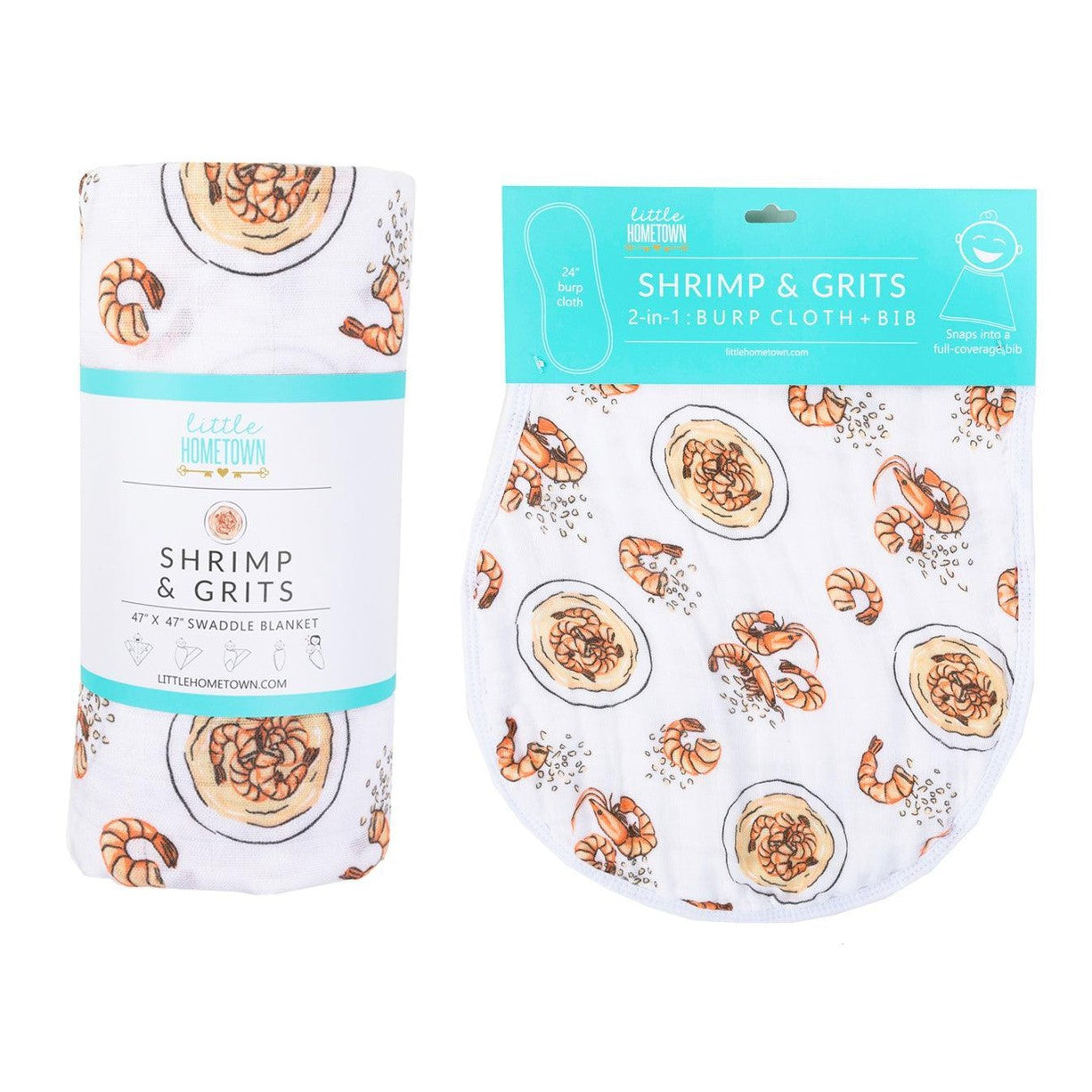 Shrimp'n Grits Newborn Gift Set: Muslin Swaddle & Bib