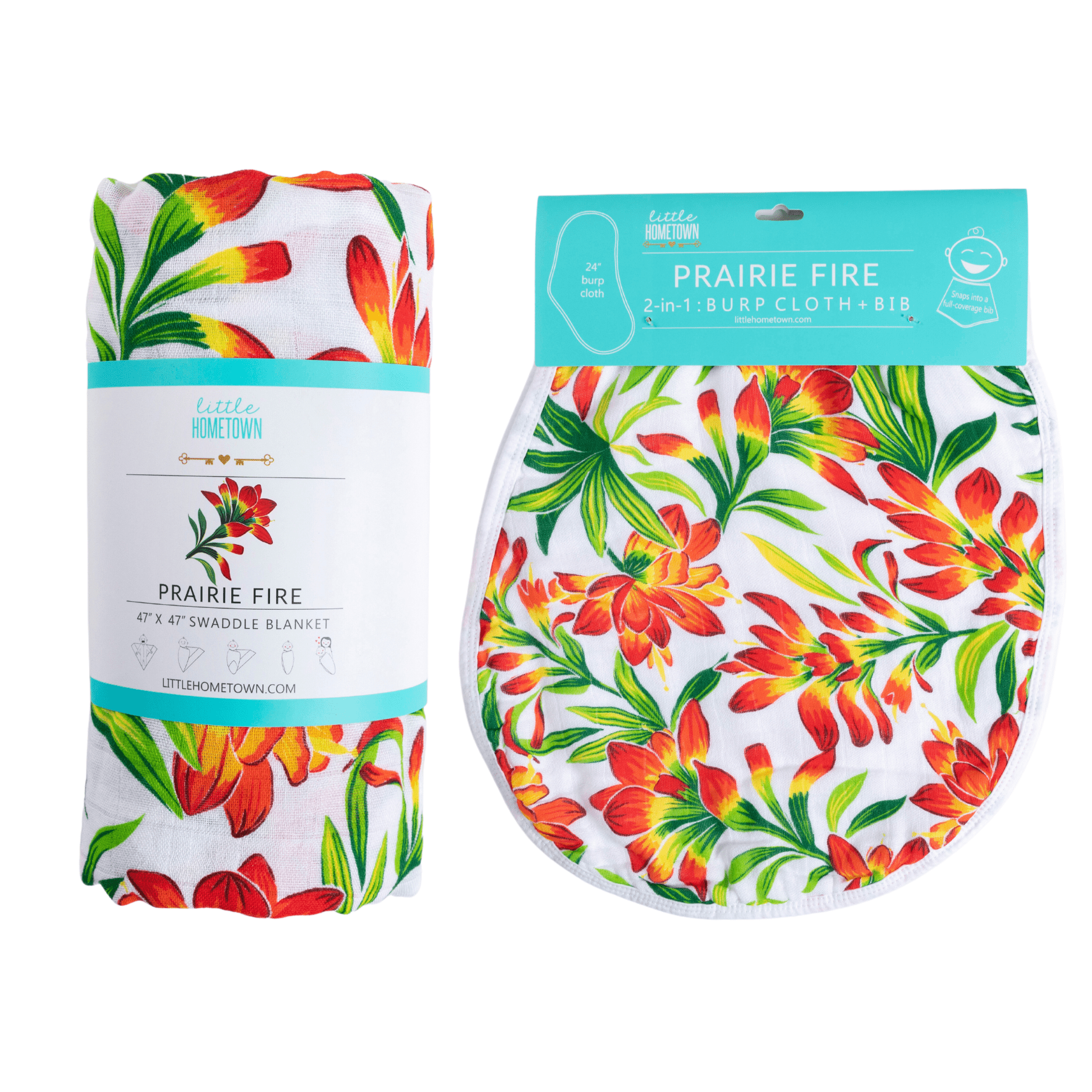 Prairie Fire Baby Gift Set: Muslin Swaddle & Bib | Organic Cotton